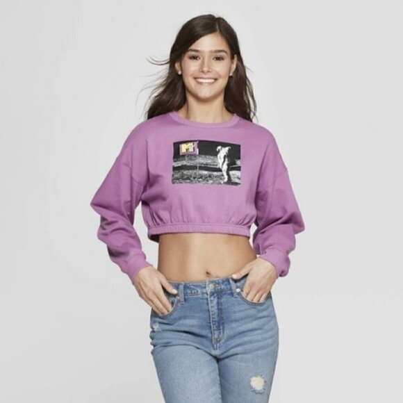 MTV Cropped Sweatshirt S Retro Moon Man Vintage Graphic 80s 90s Y2K 2000s - Picture 1 of 13